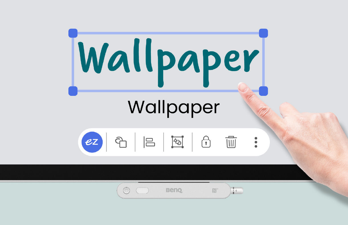 A hand using the EZWrite 6 OCR feature on a BenQ board to instantly convert the handwritten word "Wallpaper" into clean, editable digital text.