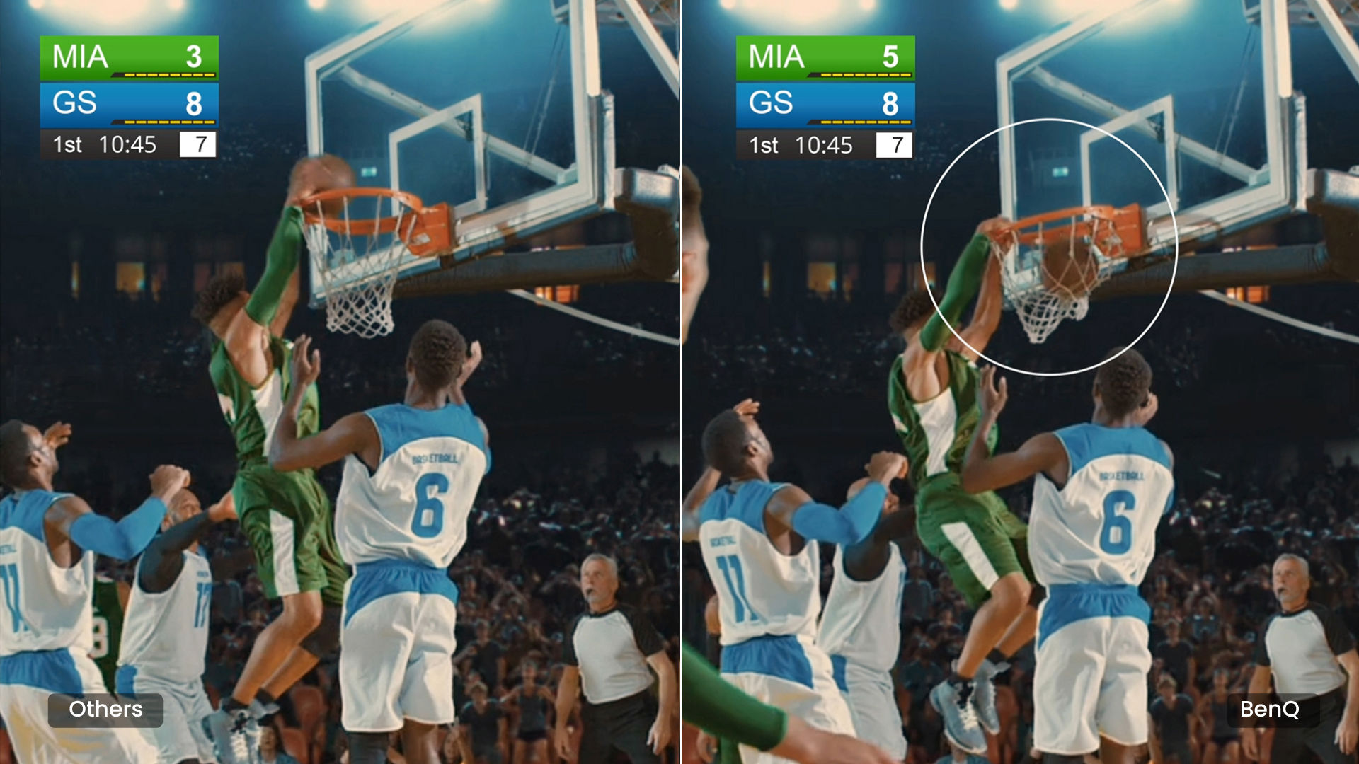 Vergleich eines Basketballspiels mit 16,7 ms Input-Lag beim BenQ TH575i.