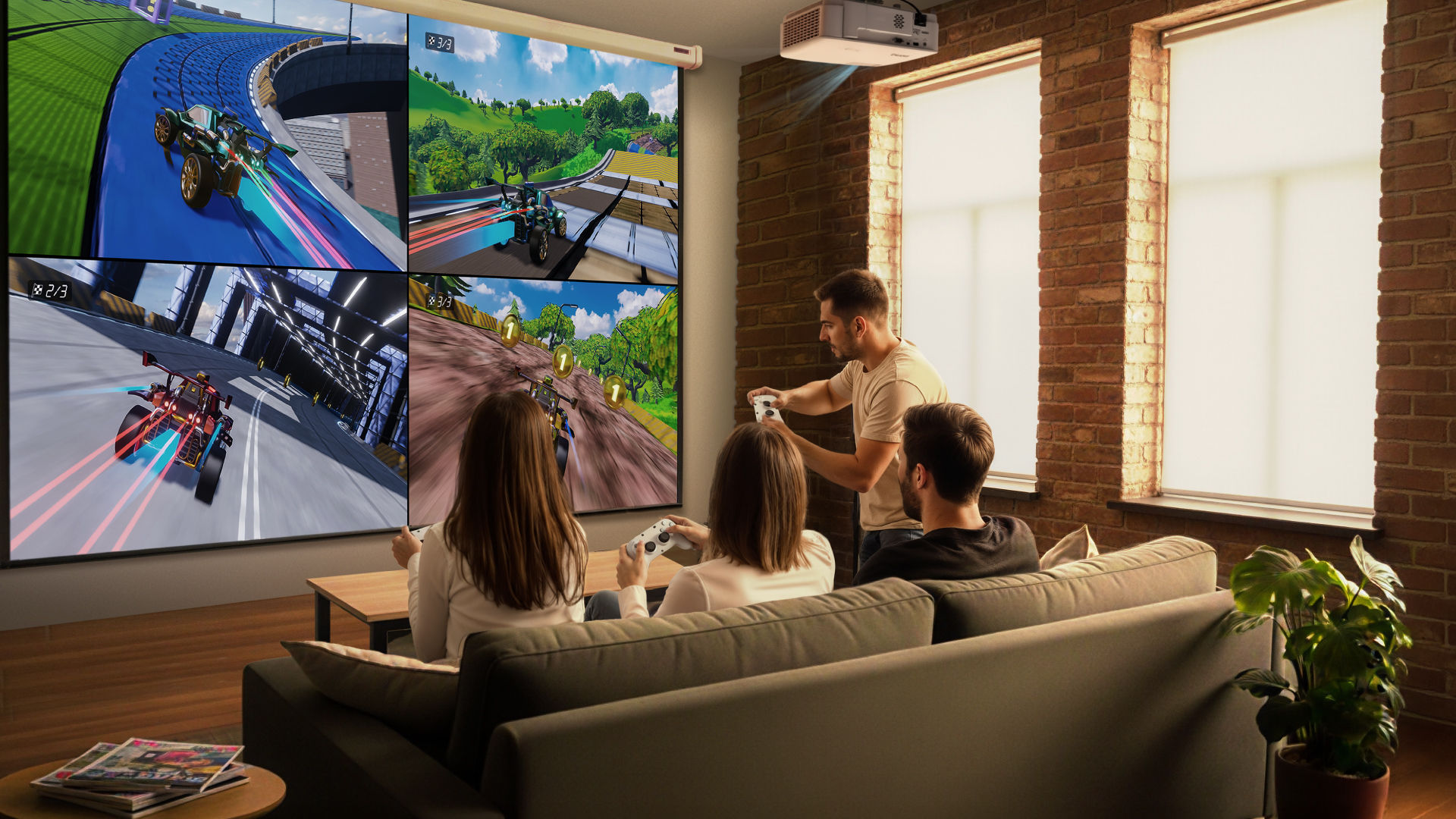 BenQ TH575i 1080p Projektor für immersives Gaming auf der großen Leinwand – perfekt für eine Gaming-Session mit Freunden am Nachmittag.