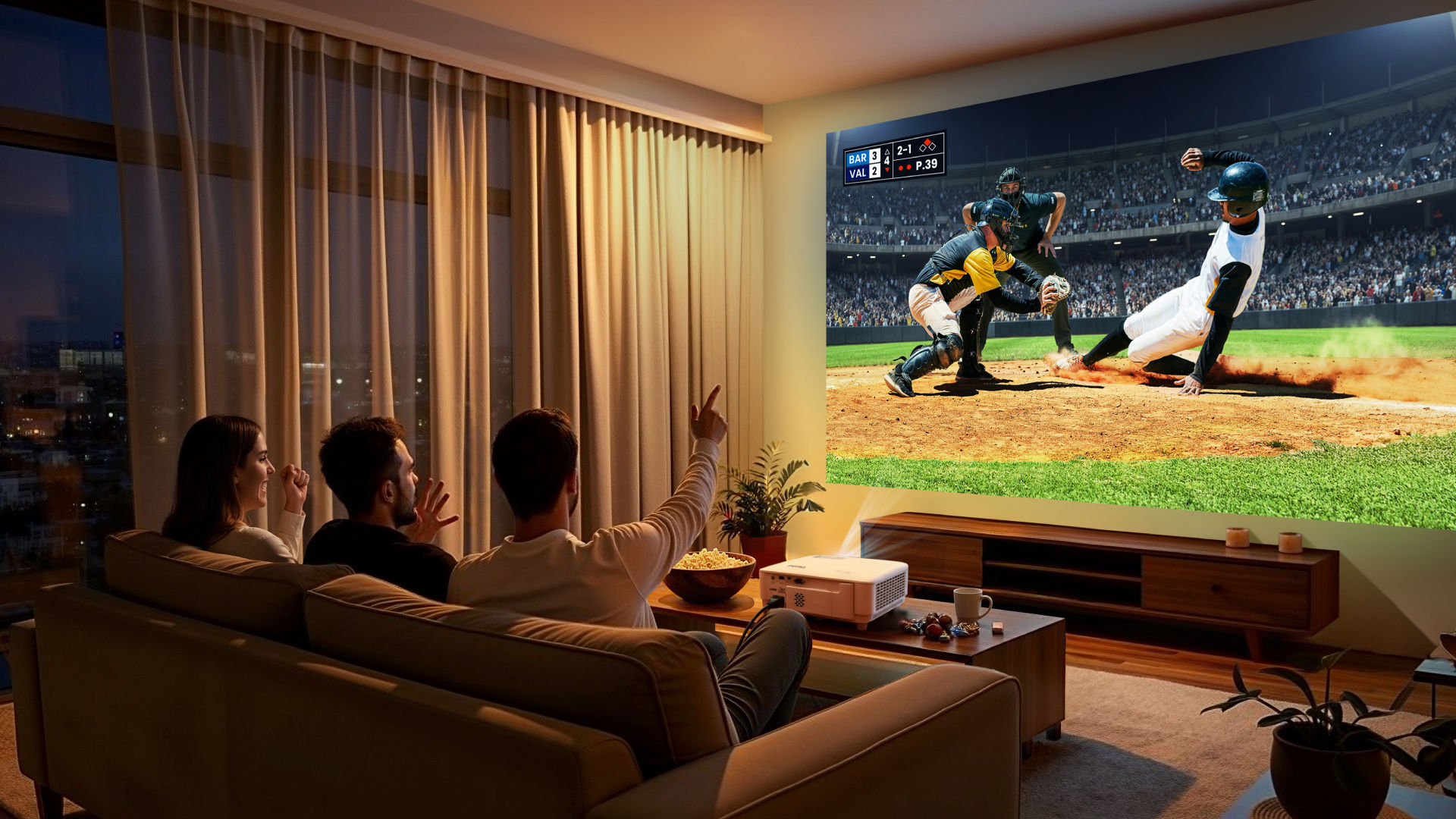 Freunde genießen ein Baseballspiel auf Großbild – mit dem BenQ TH575i zu Hause.