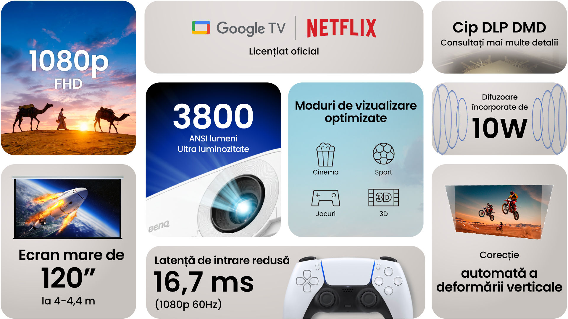 A feature highlight grid for BenQ TH575i showing Google TV and Netflix licensing, 3800 ANSI Lumens, 16.7ms low input lag for gaming, 1080p FHD resolution, and 120-inch big screen capability.