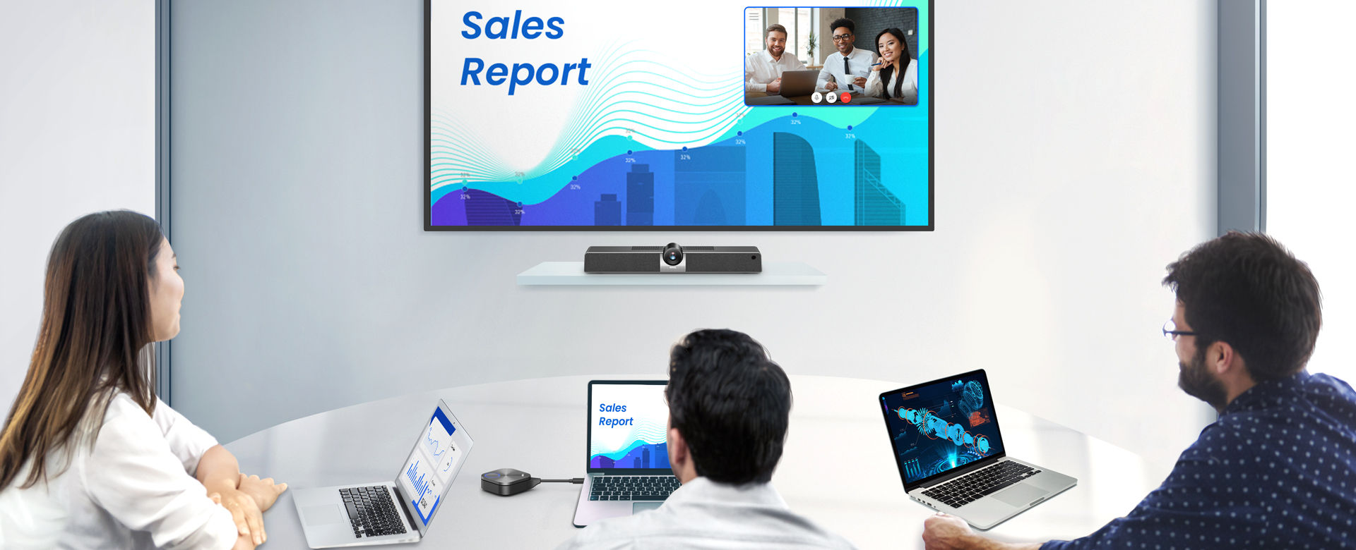 The Meeting Hub, consisting of the VC01A 4K UHD Smart Video Bar and TWY31 InstaShare button, instantly turns your projector, TV, or monitor into the perfect wireless presentation and video conferencing platform. 