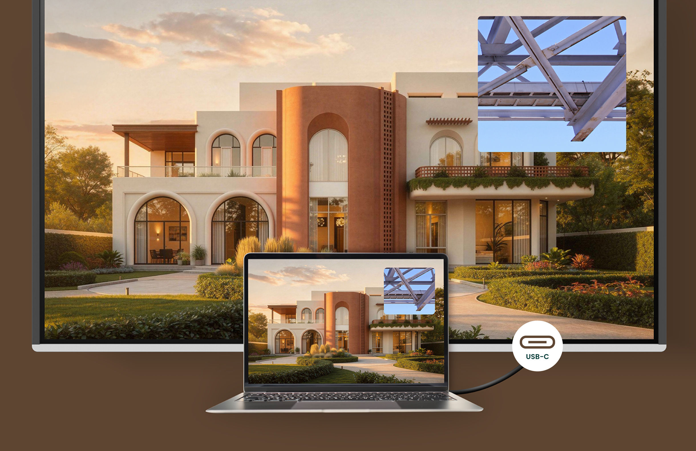 A laptop connected to a BenQ Board via a single USB-C cable, mirroring a complex 3D structural model while charging, showcasing the seamless connectivity of this BenQ interactive display.