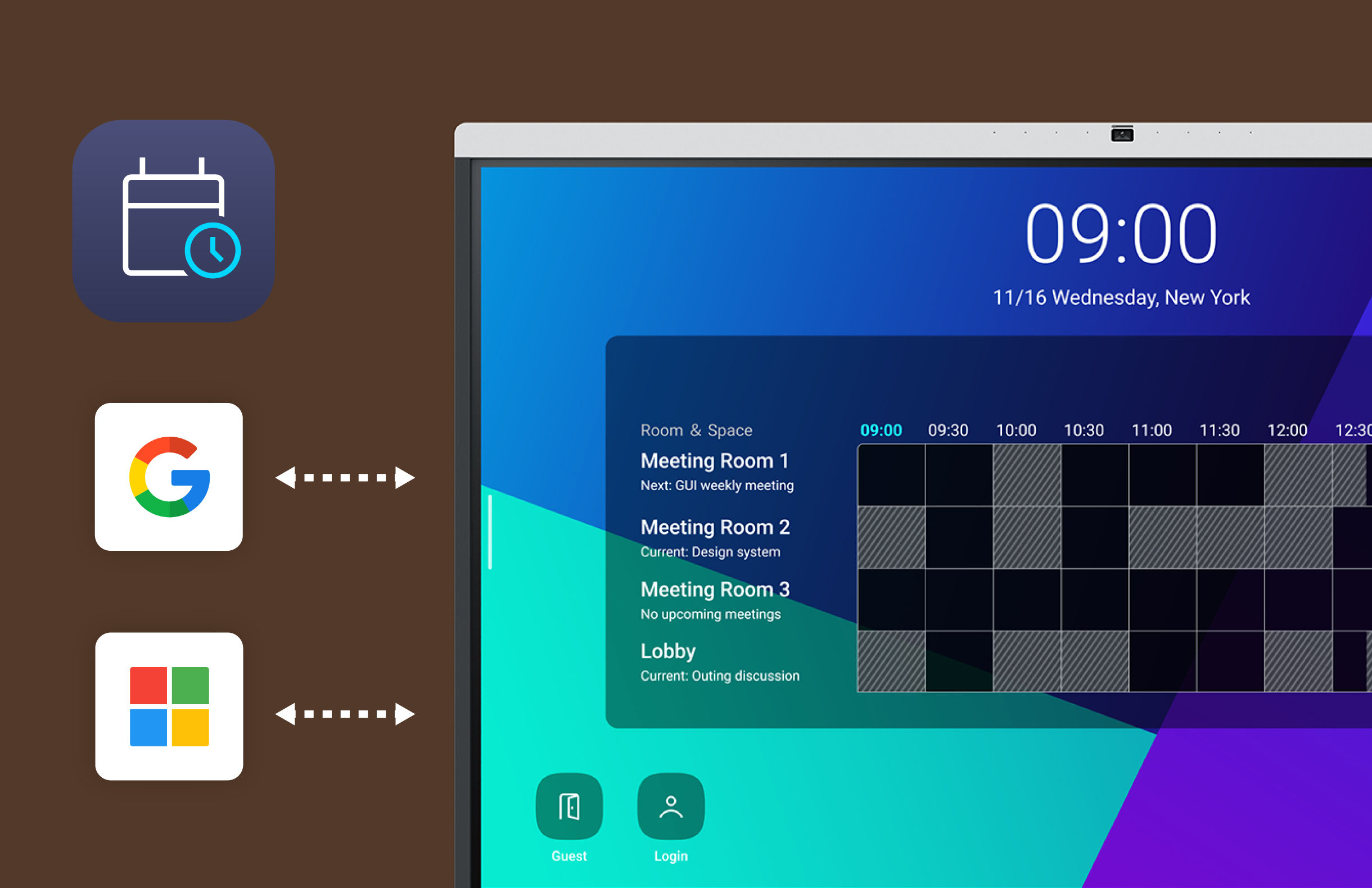 The BenQ MeetingRoom system interface on a smart display showing Google and Microsoft 365 calendar icons alongside a color-coded room schedule for efficient workplace solutions.