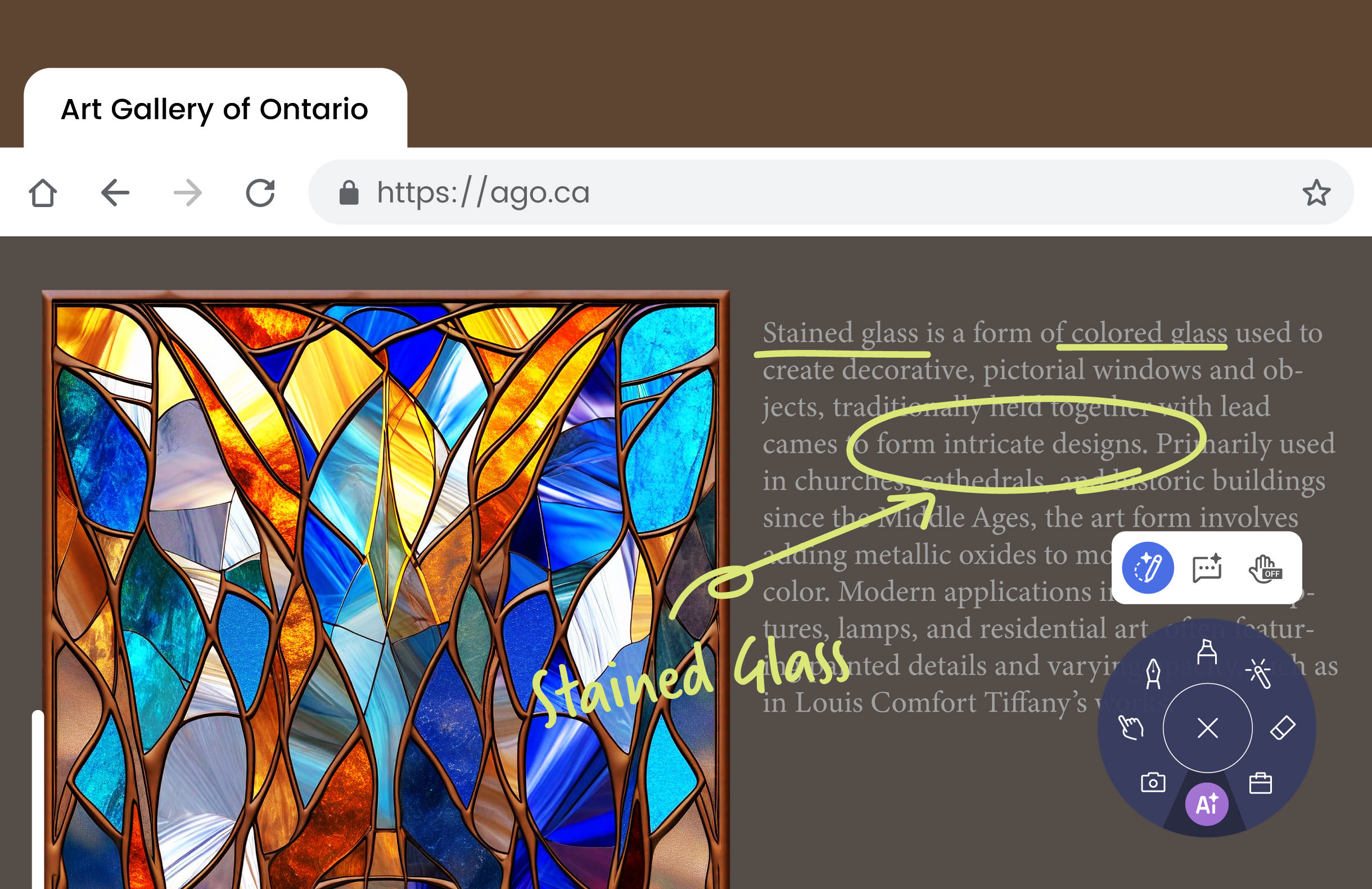 A user adding a green "curved surface" annotation on a BenQ interactive display over a web article about the Art Gallery of Ontario, highlighting the ink-anywhere capability for B2B collaboration.