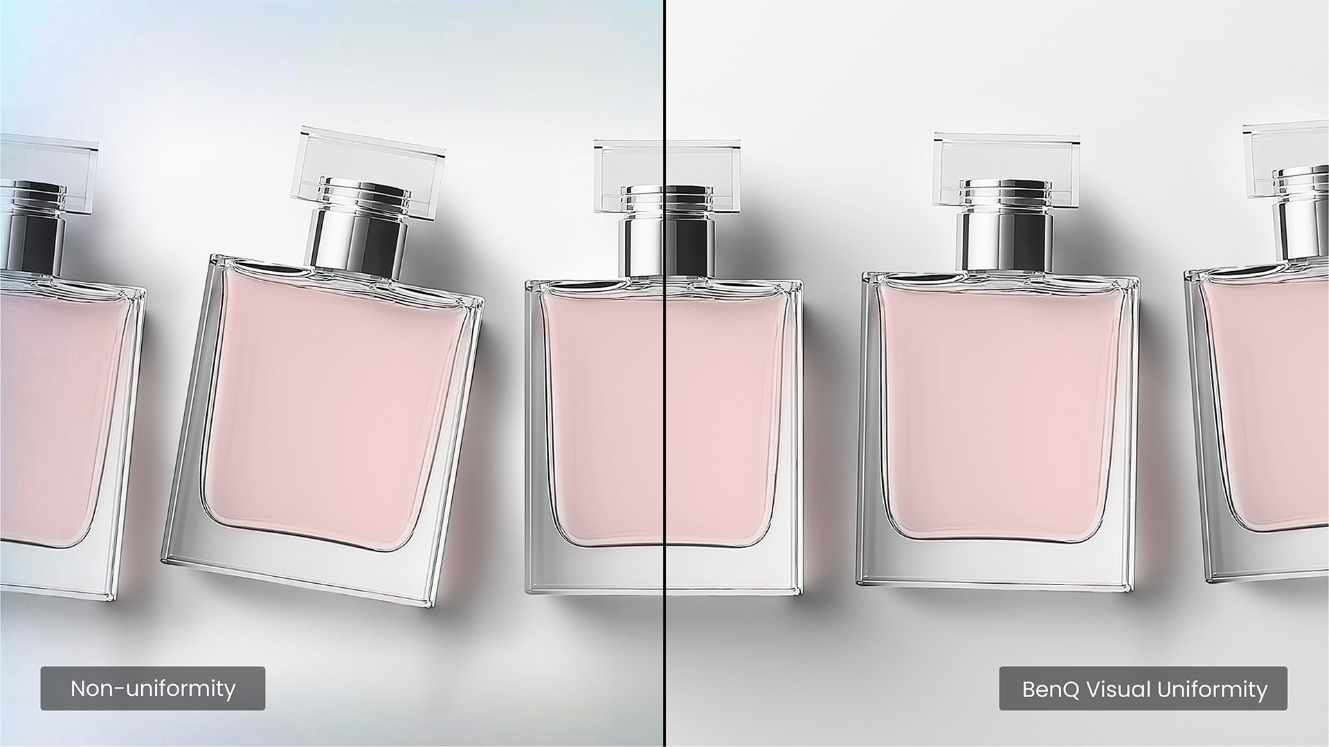 Inga mörka hörn, ingen ojämn färg, konsekvent ljusstyrka och färg