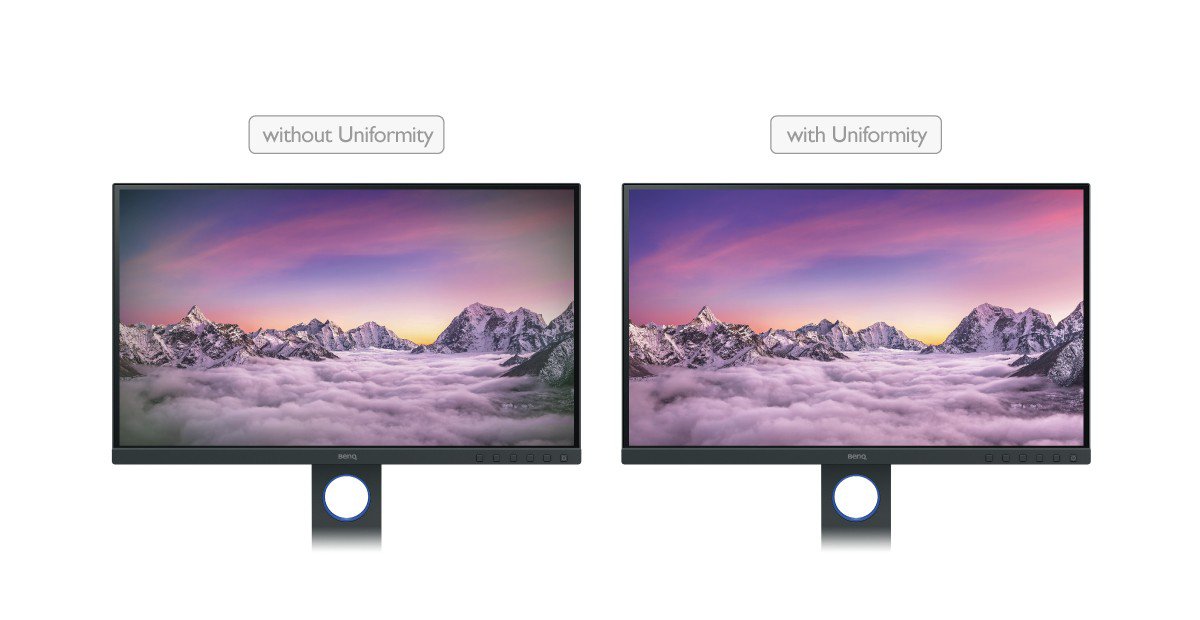 These two monitors show one display screen without uniformity and the other screen with uniformity.