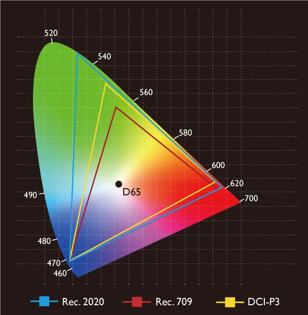 This is color gamut graph that shows the difference between Rec.709, DCI-P3, and Rec.2020.