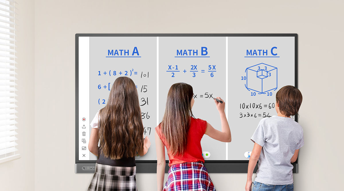 three students solving math problems on the BenQ interactive displays with team post mode on