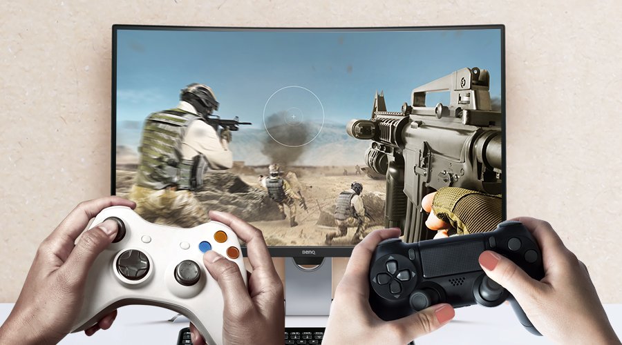 Two players are playing video game with gaming monitor and gaming console,  Xbox and PS4.