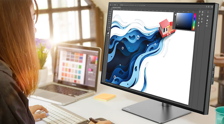 The designer relies on BenQ monitors to retouch, do color grading, and create designs or drawings.