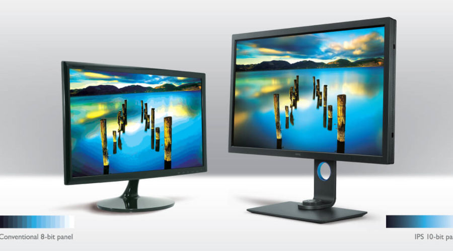 two monitors display in 10-bit and 8-bit color depth