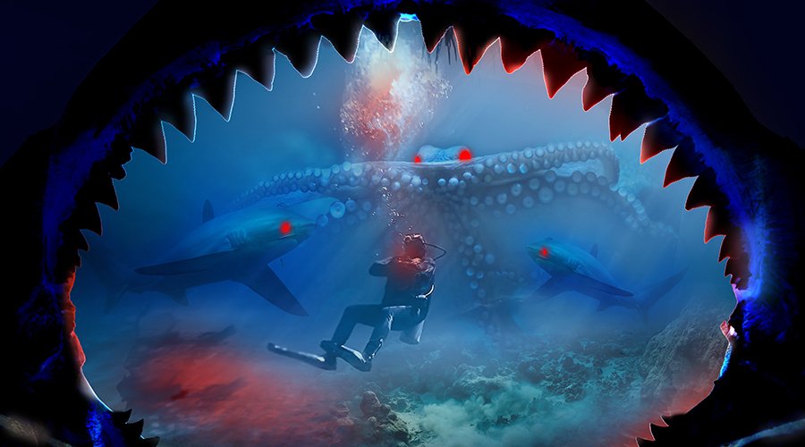A diver underwater encounters a group of sharks with red eyes and giant octopus.