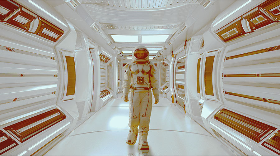 a spaceman in a spaceship in the style of Stanley Kubrick's 2001 A Space Odyssey