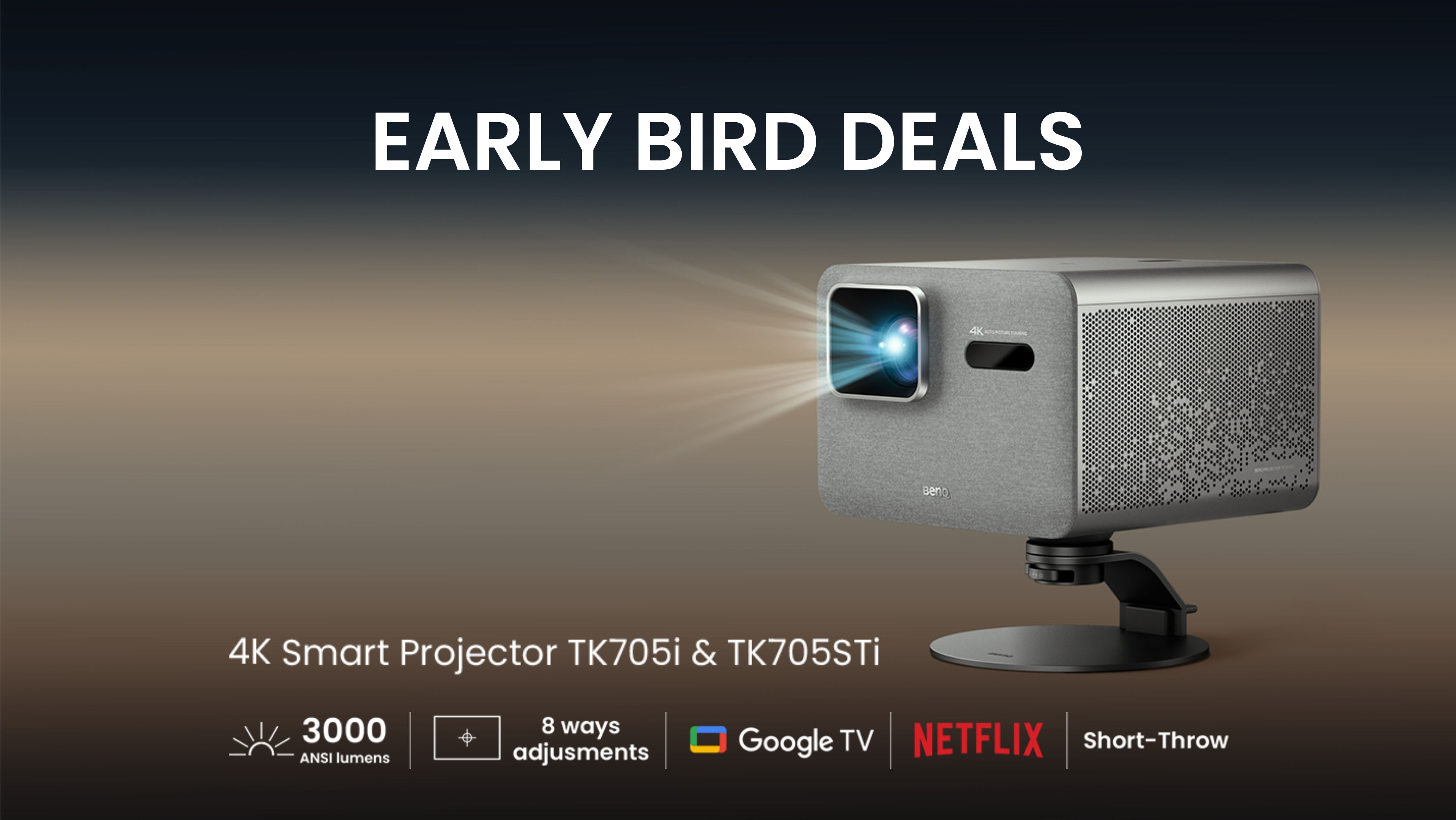 BenQ TK705STi short throw home entertainment projector in bright small room, projecting vivid 4K scene on large screen