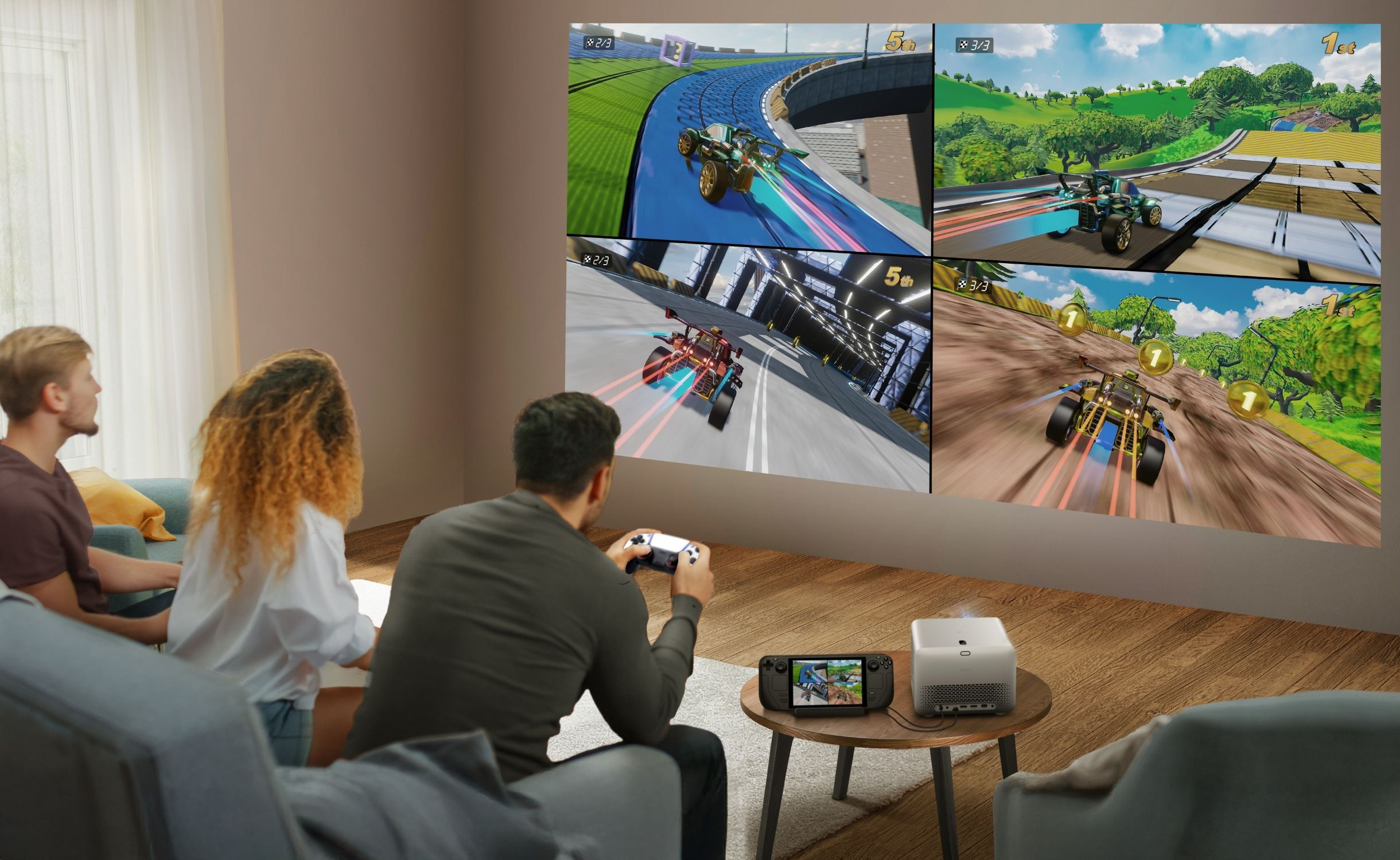 Group playing party game on BenQ TK705STi home entertainment projector with massive 150-inch screen in living room