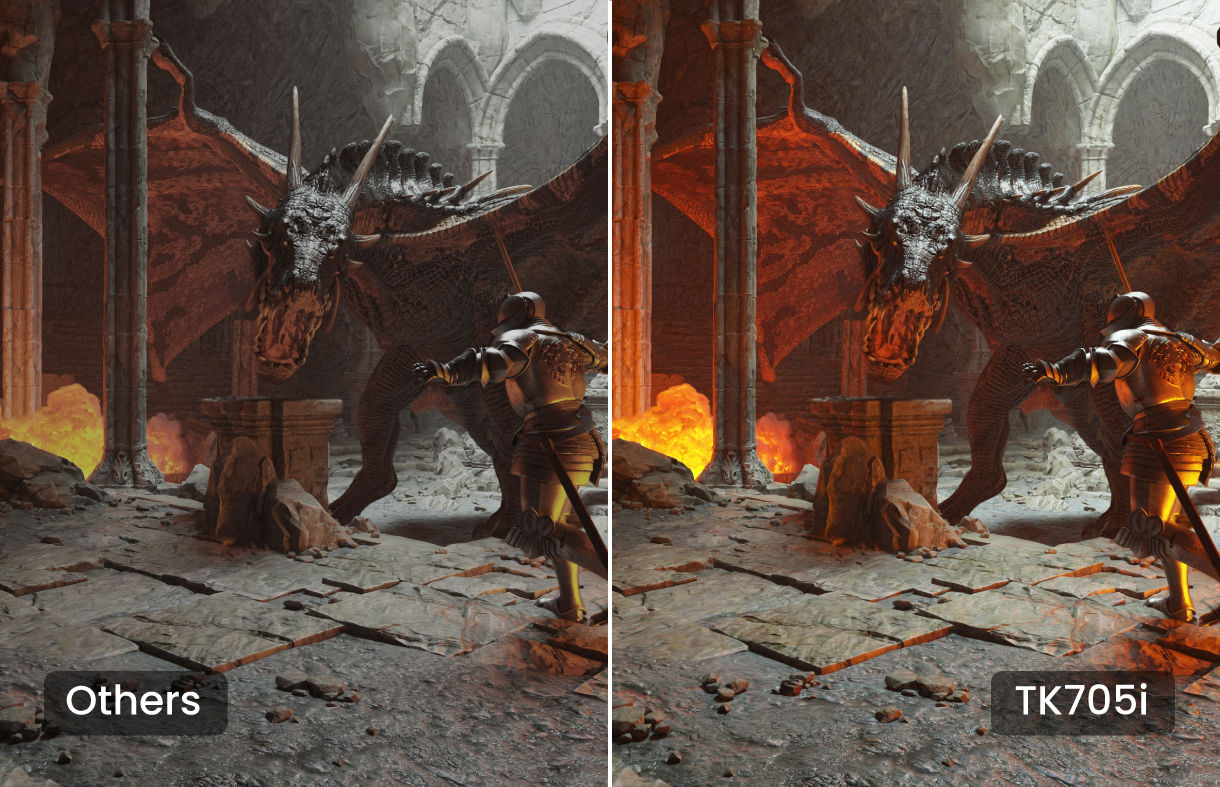 Side-by-side gameplay showing vivid HDR contrast on BenQ TK705i vs other projectors