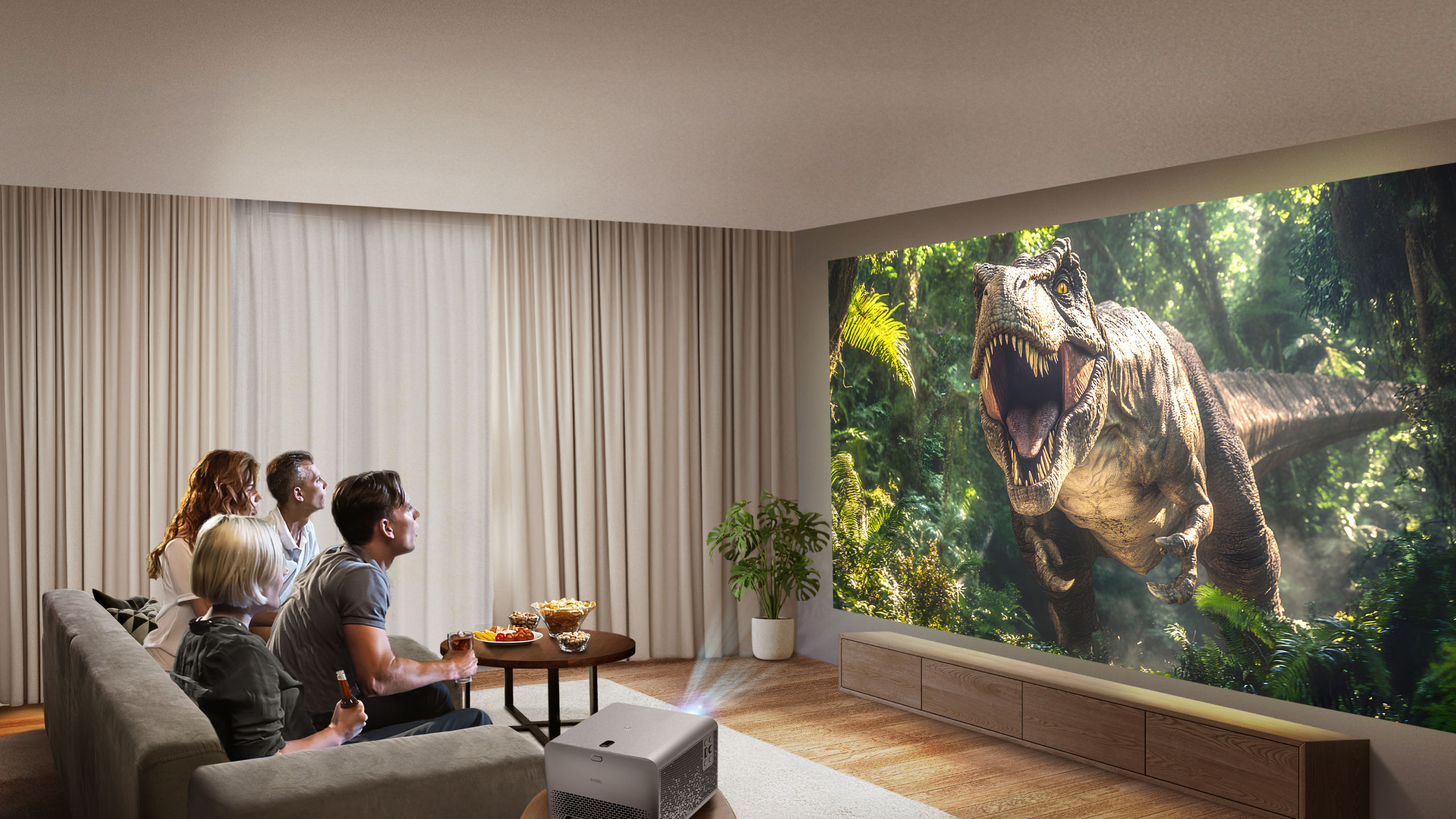 BenQ TK705i 4K home entertainment projector in a bright living room, projecting vivid image with 3000 ANSI lumens