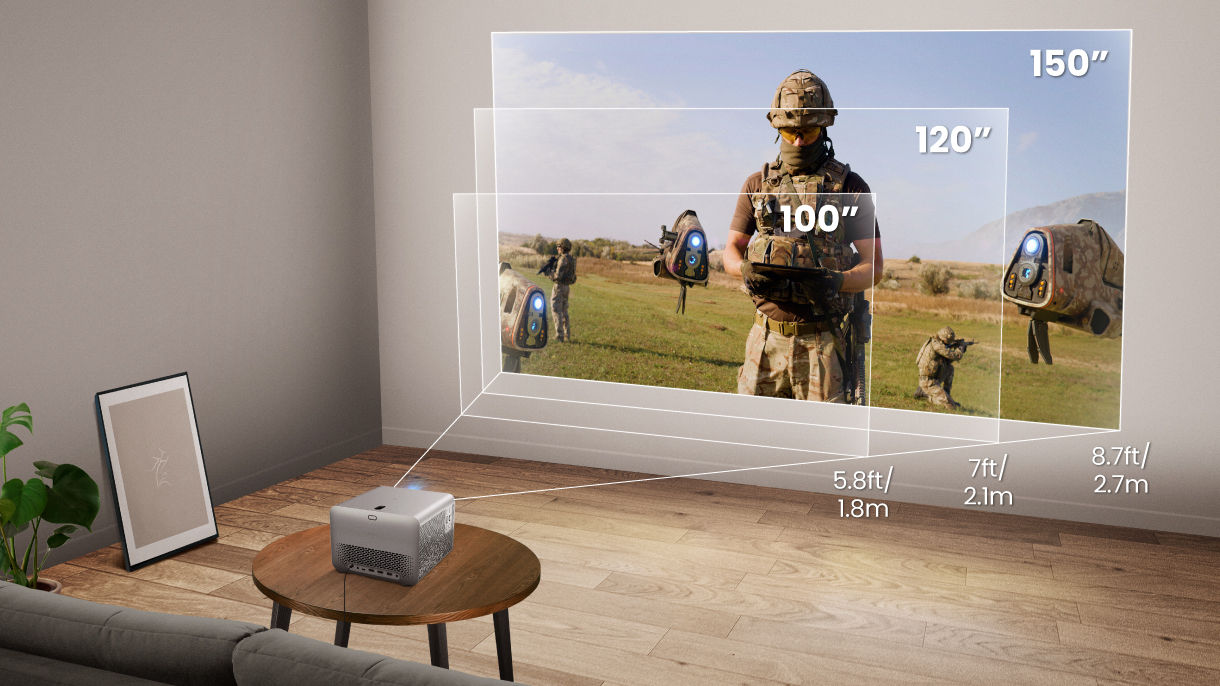 Living room showing 150” projection from flexible throw distance on BenQ TK705STi home entertainment projector