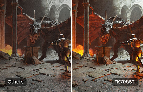 Side-by-side gameplay showing vivid HDR contrast on BenQ TK705STi vs other projectors