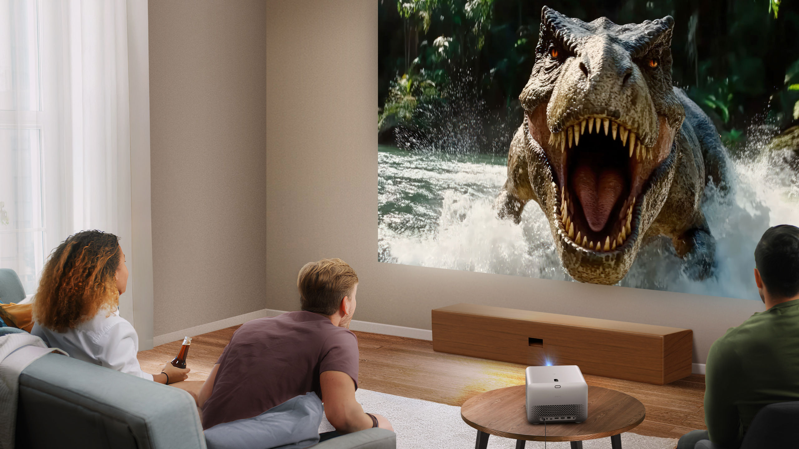 BenQ TK705STi short throw home entertainment projector in bright small room, projecting vivid 4K scene on large screen