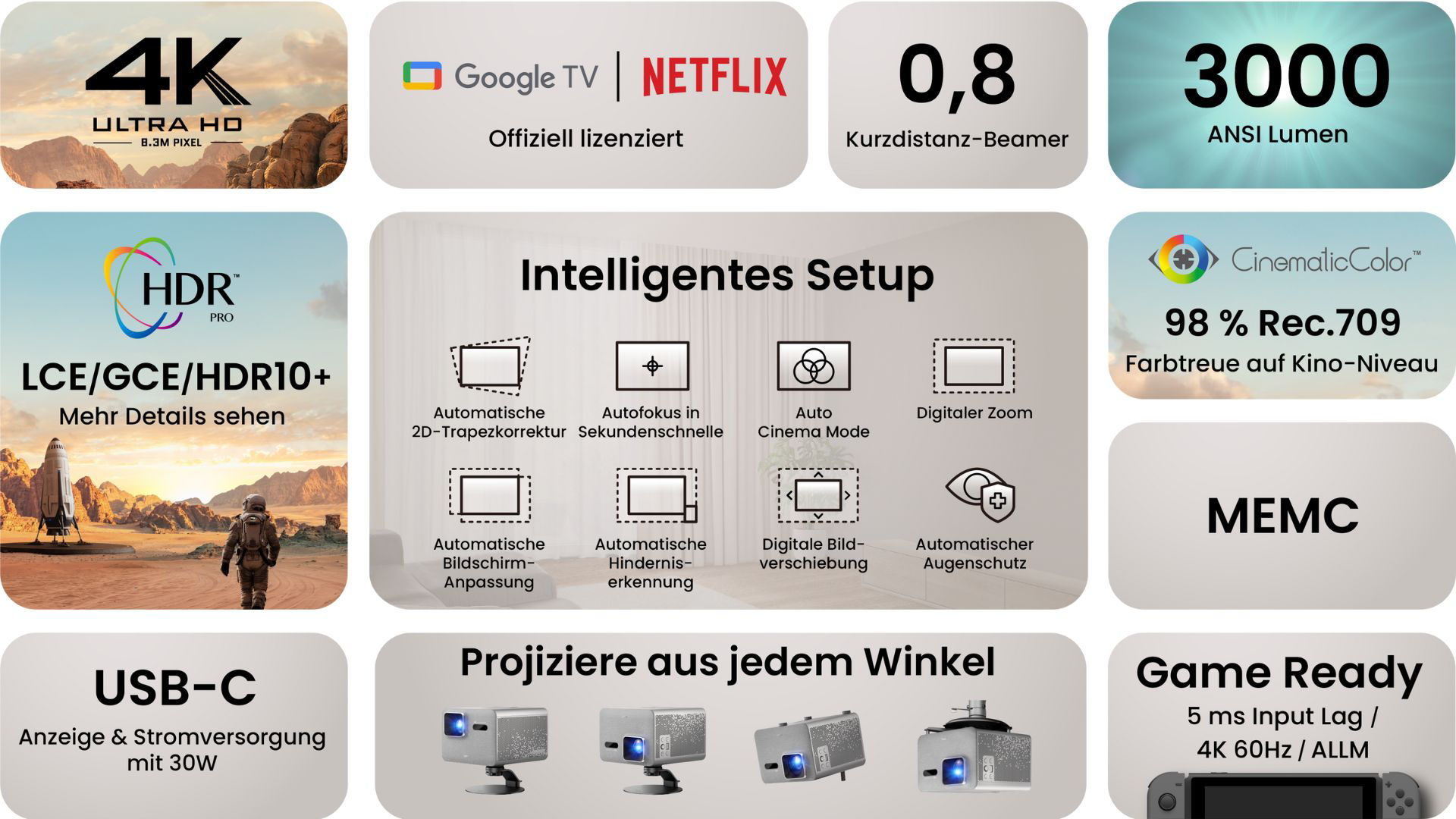BenQ TK705STi 4K HDR Kurzdistanz-Beamer mit 3000 Lumen, intelligenter Bildanpassung und Google TV