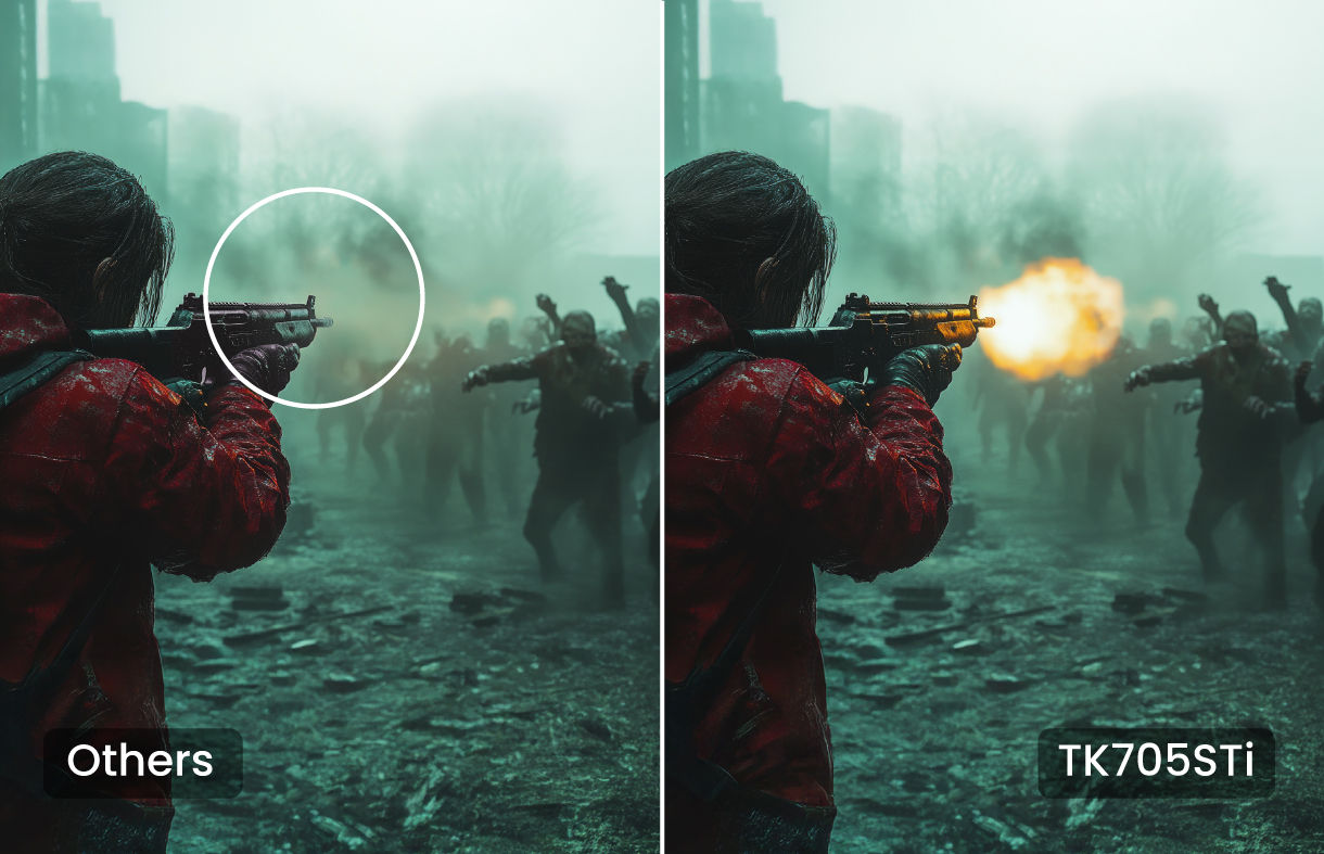 Game scene comparison showing low input lag and faster response time with BenQ TK705STi home entertainment projector