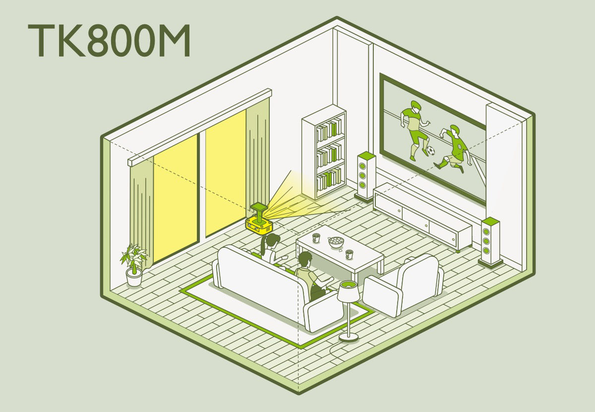 BenQ W1700M 4K projector usage scenario in a dimly-lit room watching movies and TV shows.