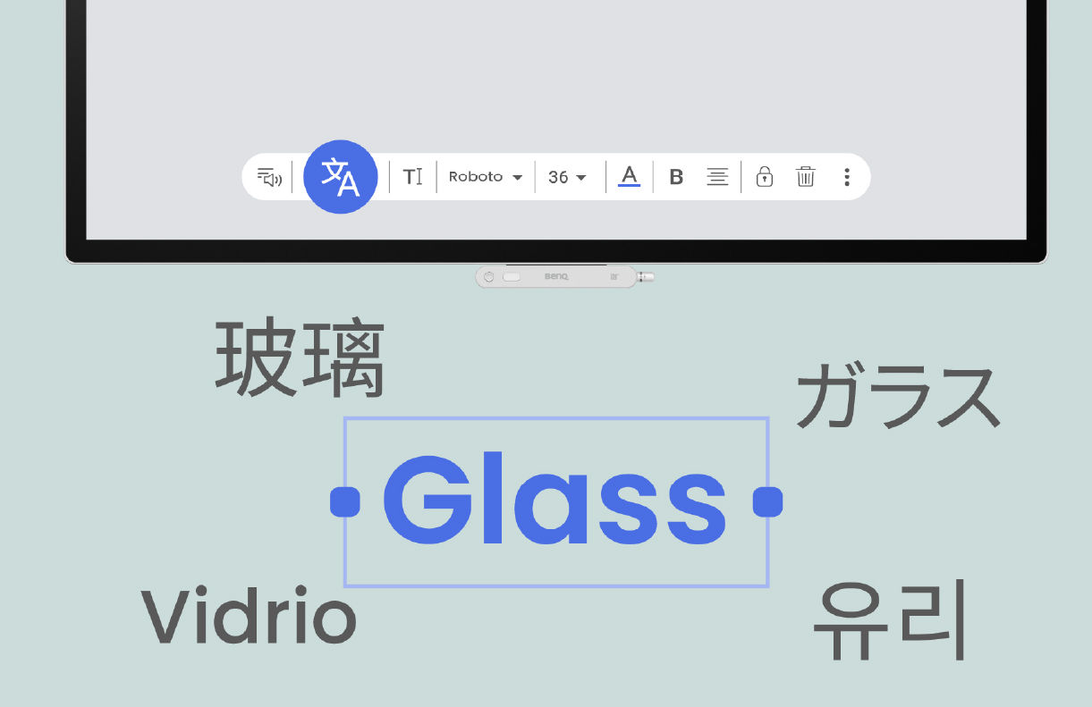 The EZWrite 6 translation tool on a BenQ board, showing the word "Glass" translated into Traditional Chinese, Japanese, Spanish, and Korean to support multinational teams.