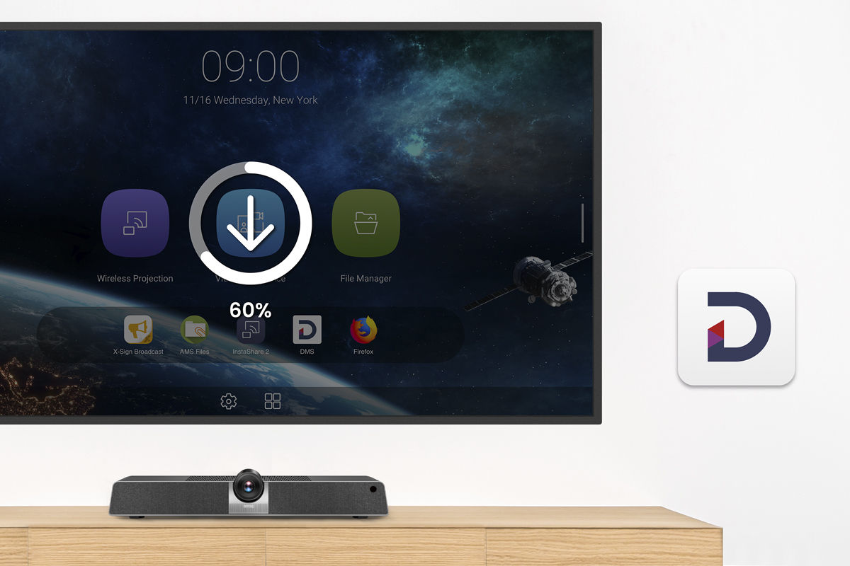 The VC01A comes with a built-in OS that turns your existing TV or projector into a smart display and remotely manages it with BenQ DMS.