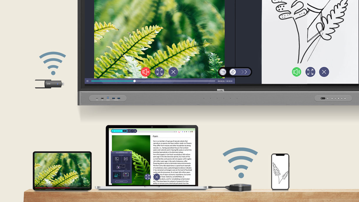 Notebook with InstaShare Button, tablet, and mobile phone all wirelessly screen sharing to BenQ Board