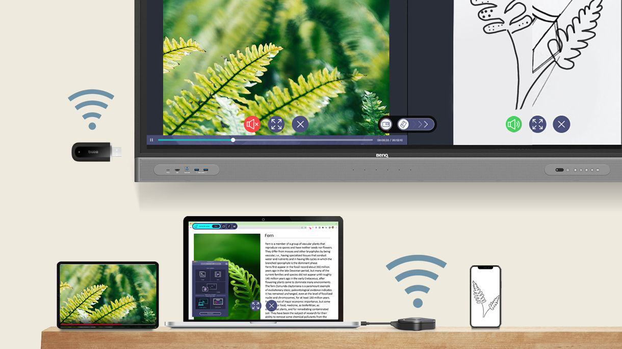 Notebook with InstaShare Button, tablet, and mobile phone all wirelessly screen sharing to BenQ Board