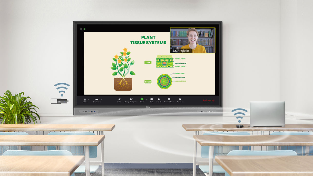 Notebook connected to InstaShare Button wirelessly shares screen to BenQ Board with InstaShare wireless USB adapter at the front of a classroom