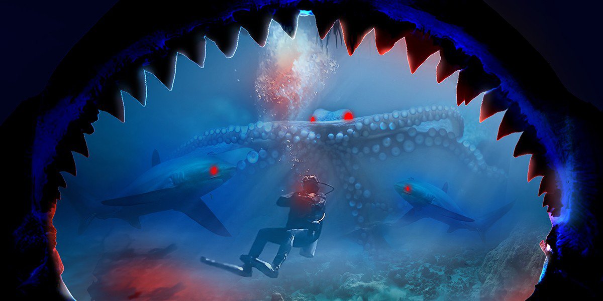 A diver underwater encounters a group of sharks with red eyes and giant octopus.