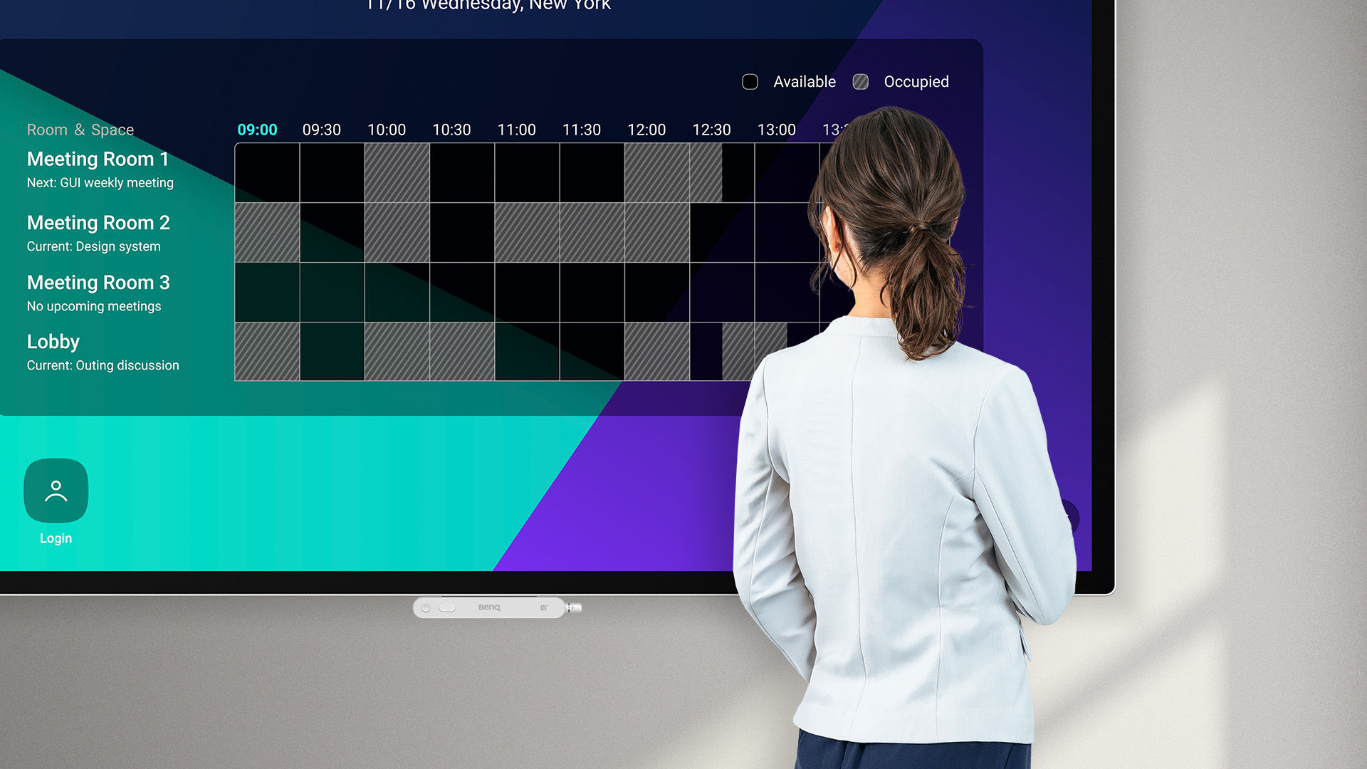 A professional woman viewing a color-coded meeting room schedule on a BenQ smart display, which is synced with Microsoft 365 and Google Workspace calendars.