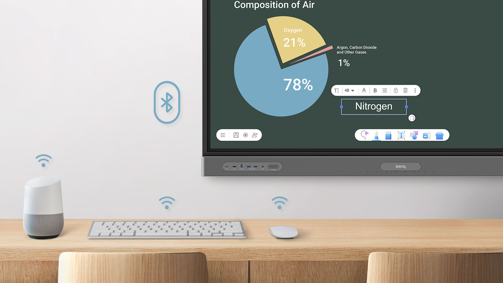 اتصال لاسلكي بين محول Wi-Fi Bluetooth ولوحة مفاتيح لاسلكية وسماعة ومايكروفون لاسلكيين.