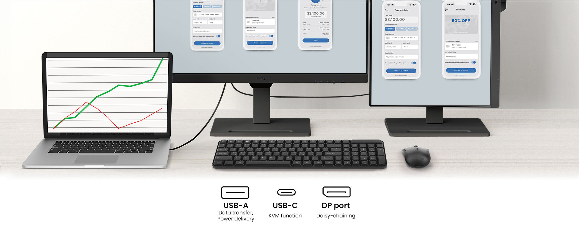 One single USB-C cable simultaneously provides fast data transfer and power delivery for the laptop and various devices. 	