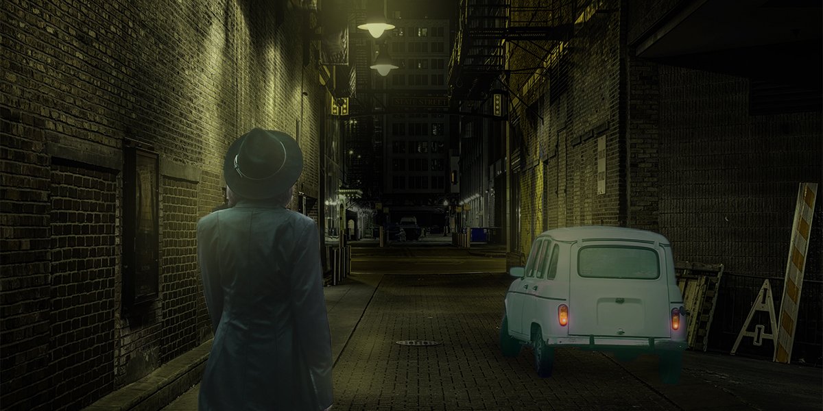 A woman walking in the dark street with a white car awaiting in the style of movie dark city