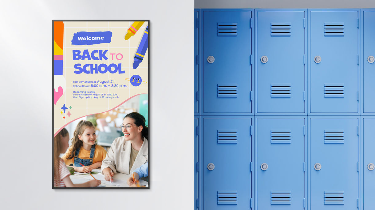 BenQ signage with 500 nits of brightness, ensuring vibrant content display in high-traffic areas like hallways, cafeterias, libraries, and more across campus.