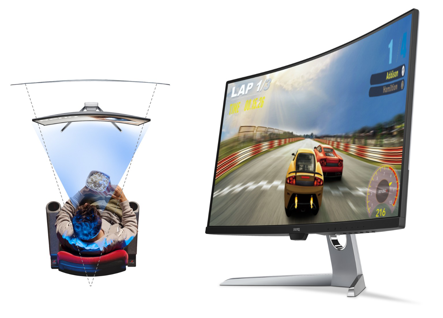 Mit der Krümmung von 1800R bietet der Curved Monitor ein gesamtes Sichtfeld und immersives Gaming