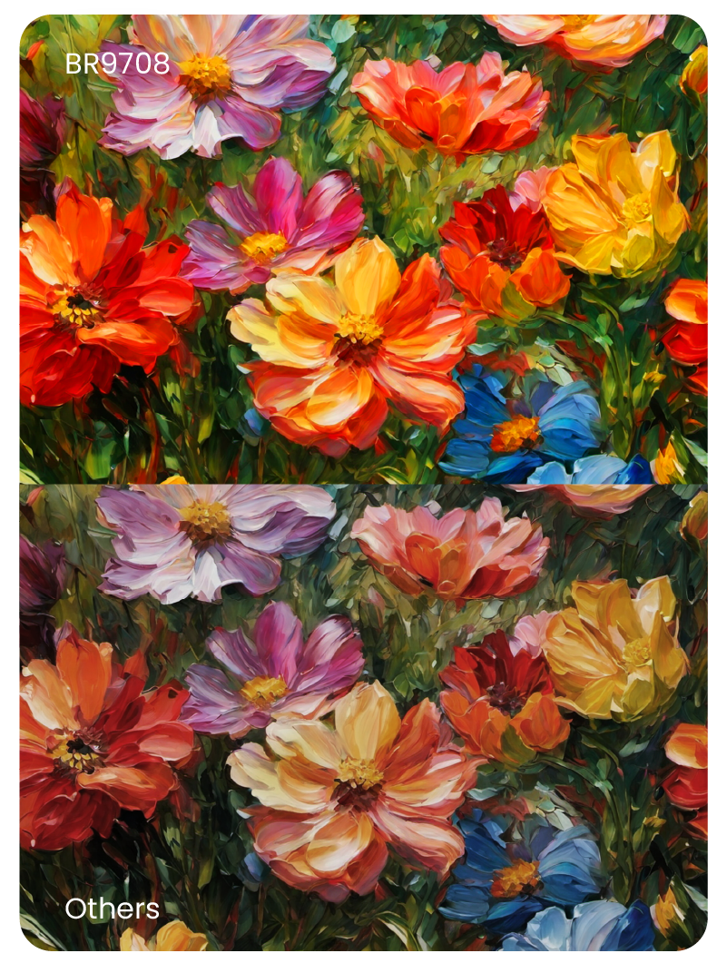 Comparison image of a flower painting, visually demonstrating BR9708's richer, 100% DCI-P3 color reproduction compared to others.