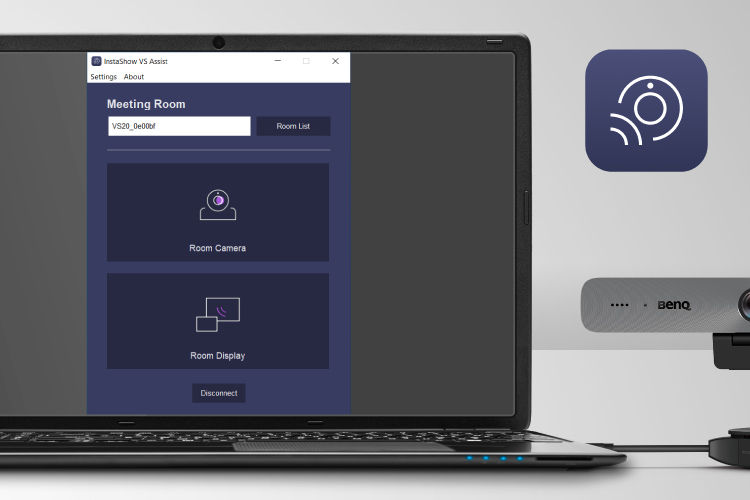 BenQ VS20 Aplikace InstaShow® VS Assist propojuje videobar v místnosti, kameru a sdílení obrazovky v rámci stejné sítě se všemi videokonferenčními zařízeními místních účastníků i vzdálených účastníků.