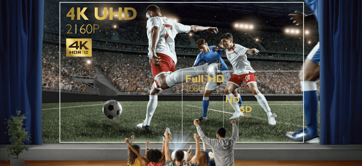 The family is cheering the soccer ball game display with high resolution projected by the projector.