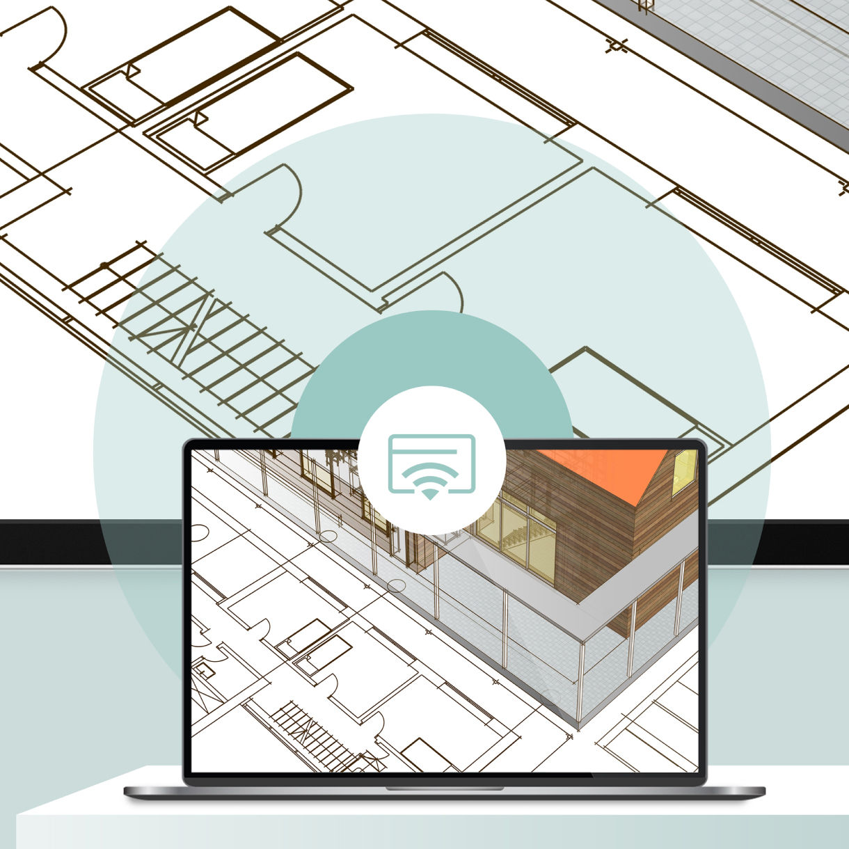 A laptop screen sharing architectural floor plans to a remote BenQ smart display via a web browser using a Session ID, with no VPN required.