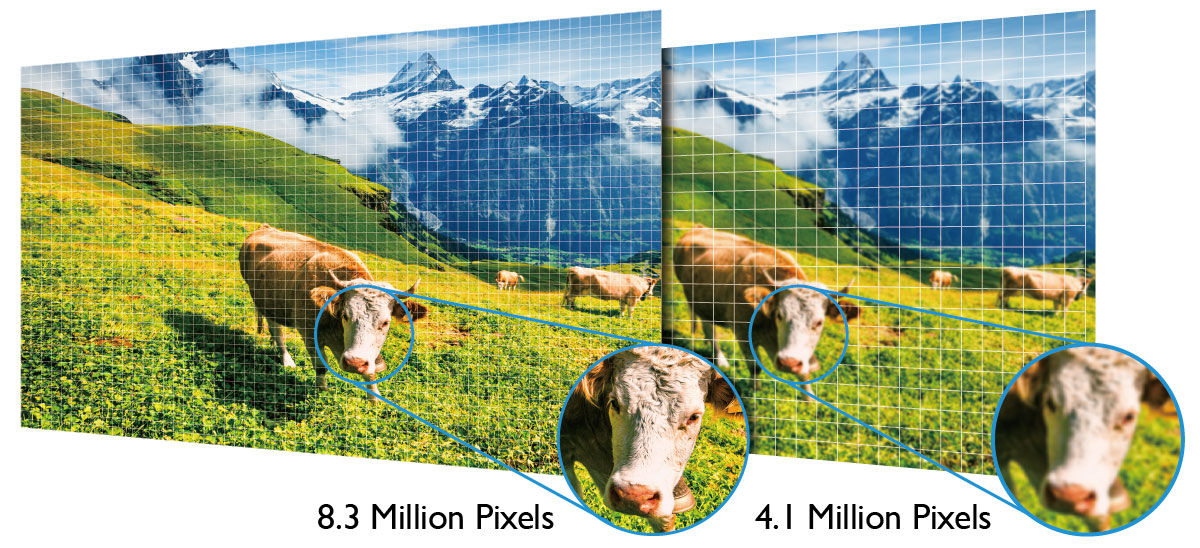 The two scenes of cows standing on the grassland surround by magnificent mountains show distinct picture qualities projected by projectors with True 4K Technology and 4K-Enhancemement Technology.