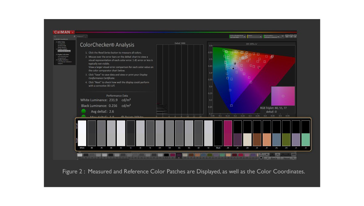 CalMAN will display the currently measured color patches and the reference color patches, and also mark the color coordinates of the measured values during the process of calibration.