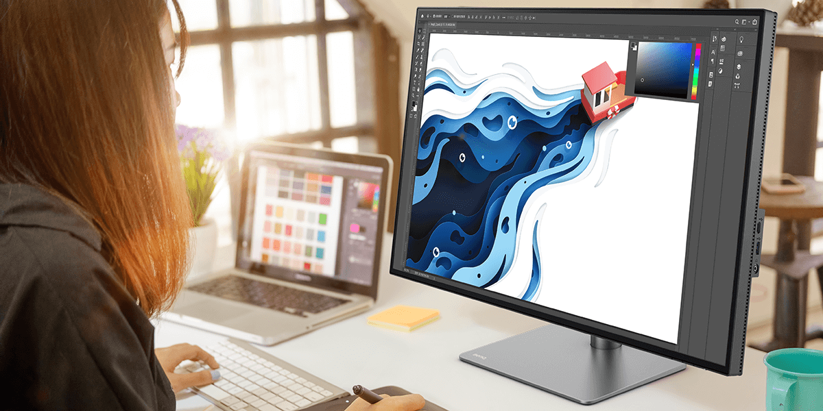 The designer relies on BenQ monitors to retouch, do color grading, and create designs or drawings.