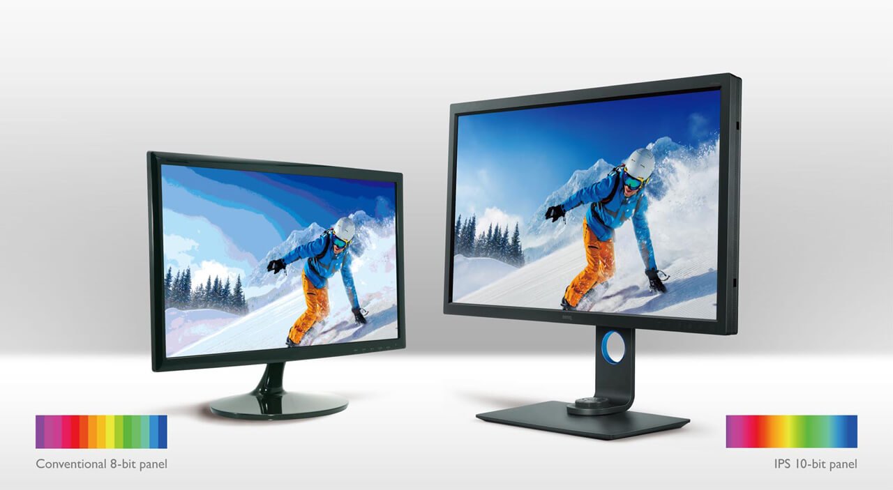 High-end professional monitors are generally fitted with 10-bit IPS panels that can generate more than 1 billion colors.