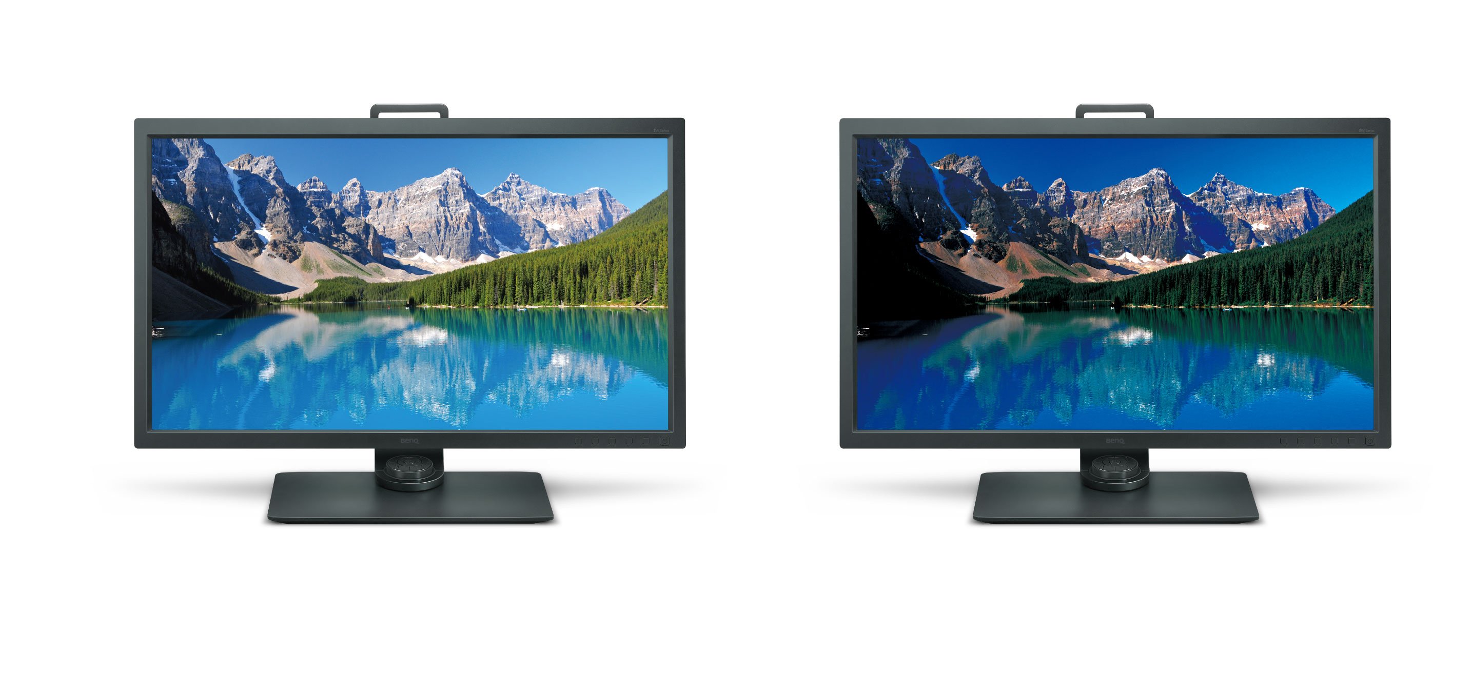 There are different colors of the scene showing mountain, lake and forest on same kind of devices.