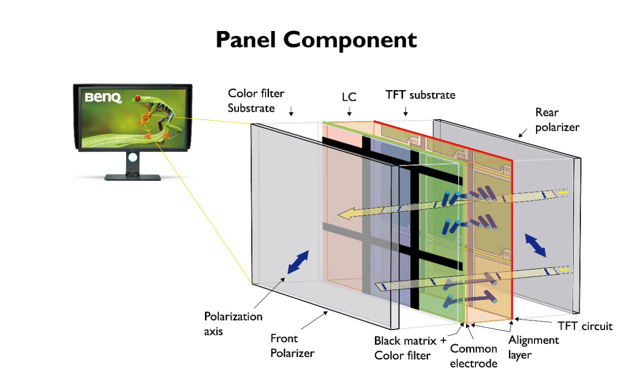 The main components of monitor panel are polarization axis, color filter substrate, front polarizer, LC, TFT substrate, black matrix color filter, common electrode, alignment layer, rear polarizer and TFT circuit.
